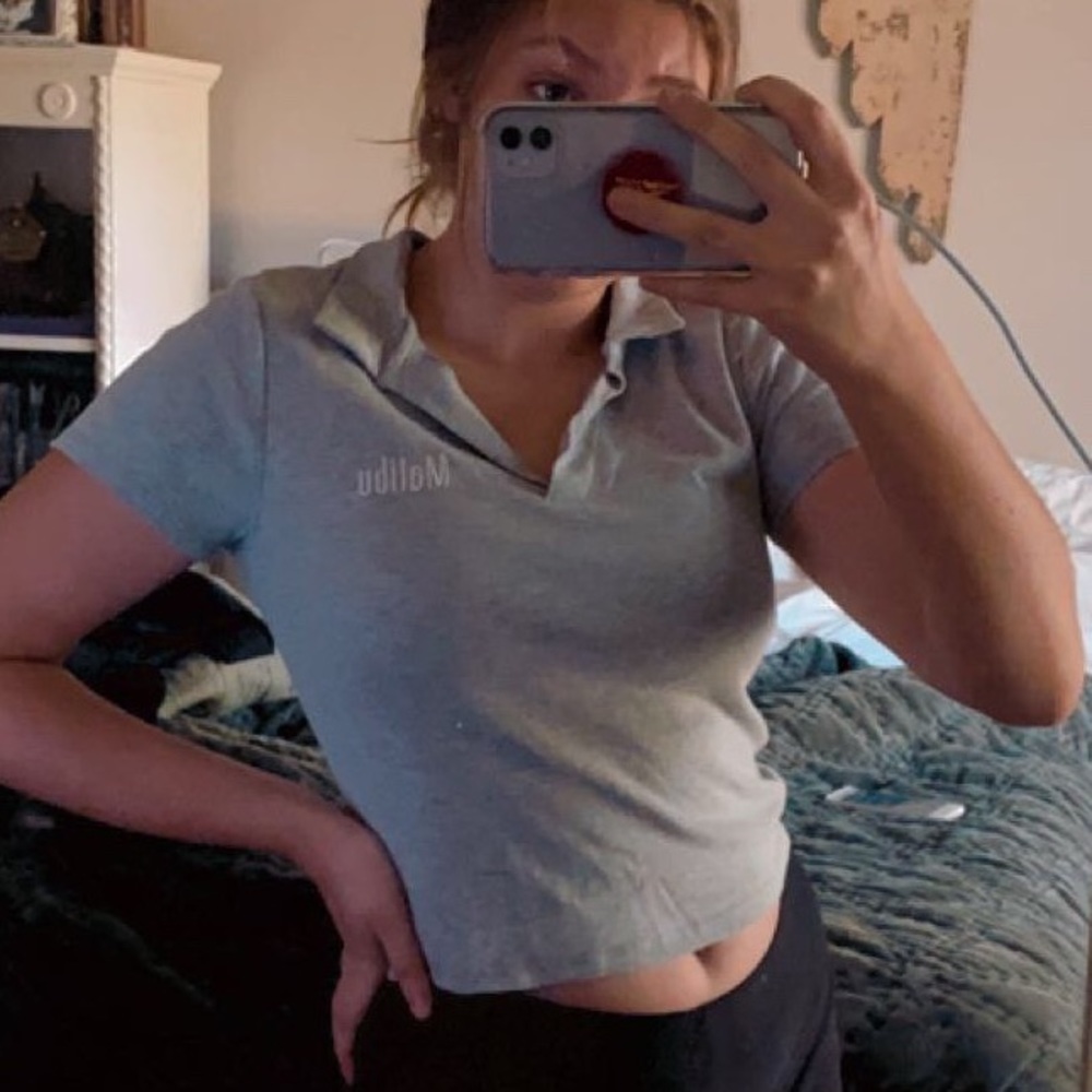 full tilt grey collared tee that says Malibu